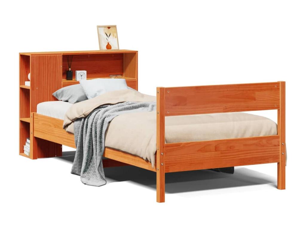 Bookshelf bed without mattress, brown wax finish, 90x200 cm, solid pine, OQML59972