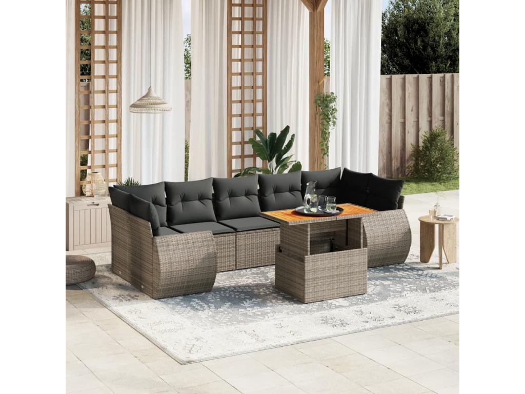 8-piece garden furniture set with grey resin wicker cushions DPQI84495