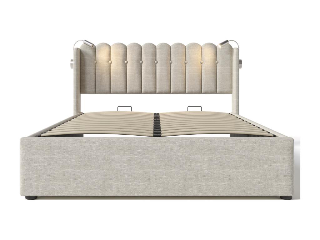 Upholstered storage bed with LED lighting and USB charging ports - 140x200cm - linen fabric - with slatted base by Laviecasa - Beige IKSO46017