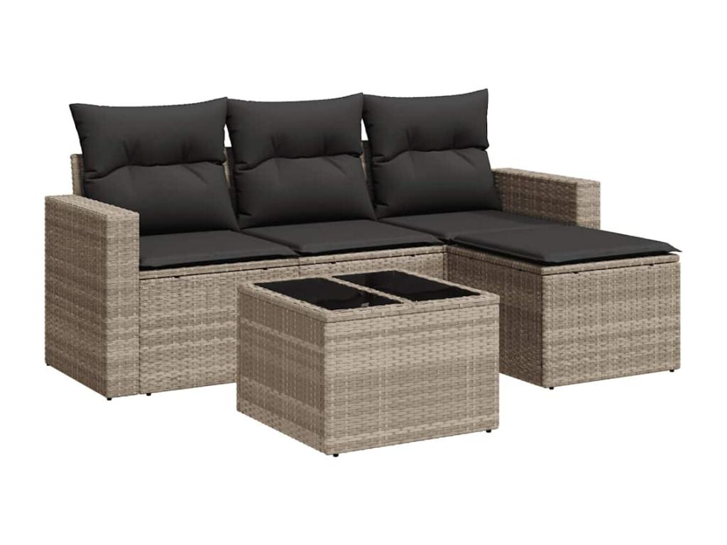5-piece garden furniture set with light grey cushions, woven resin DRNI06274