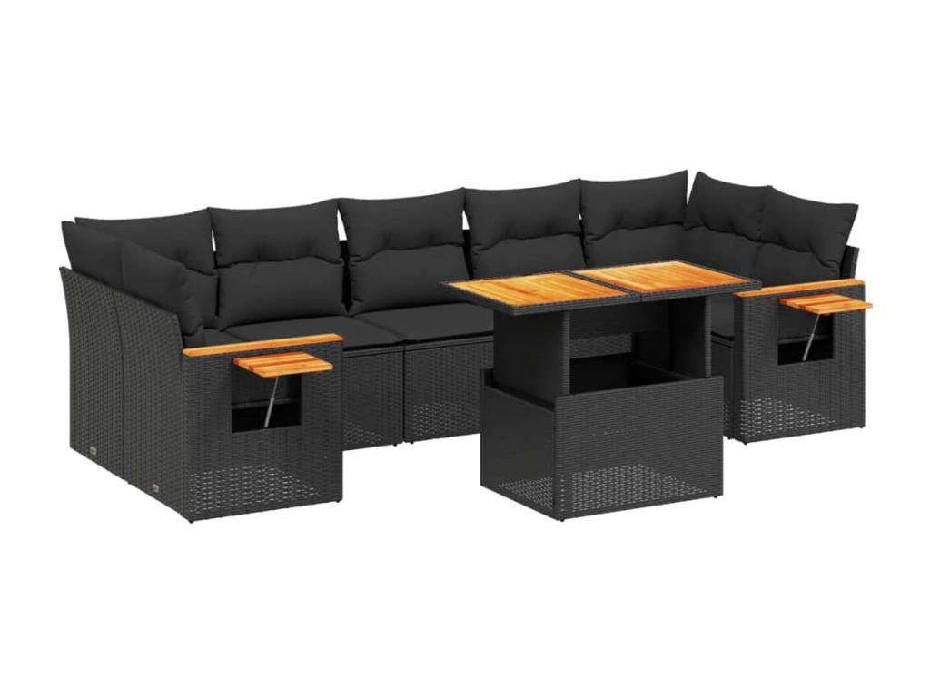 8-piece garden furniture set with cushions, black woven resin