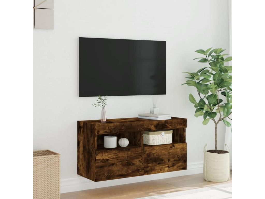 Laviecasaères wall-mounted TV unit with LED lighting, smoked oak finish, 80x30x40 cm, EQCR82664