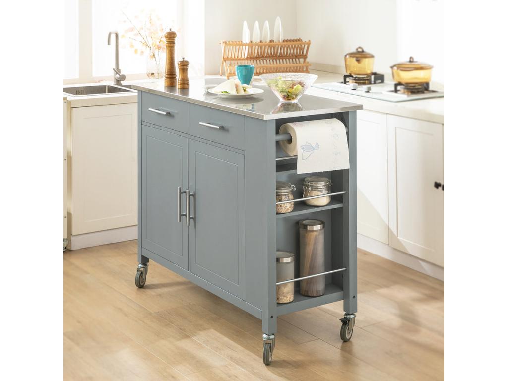 Meubiana Rolling Cart with Side Shelf and Stainless Steel Tray Fkw108-hg