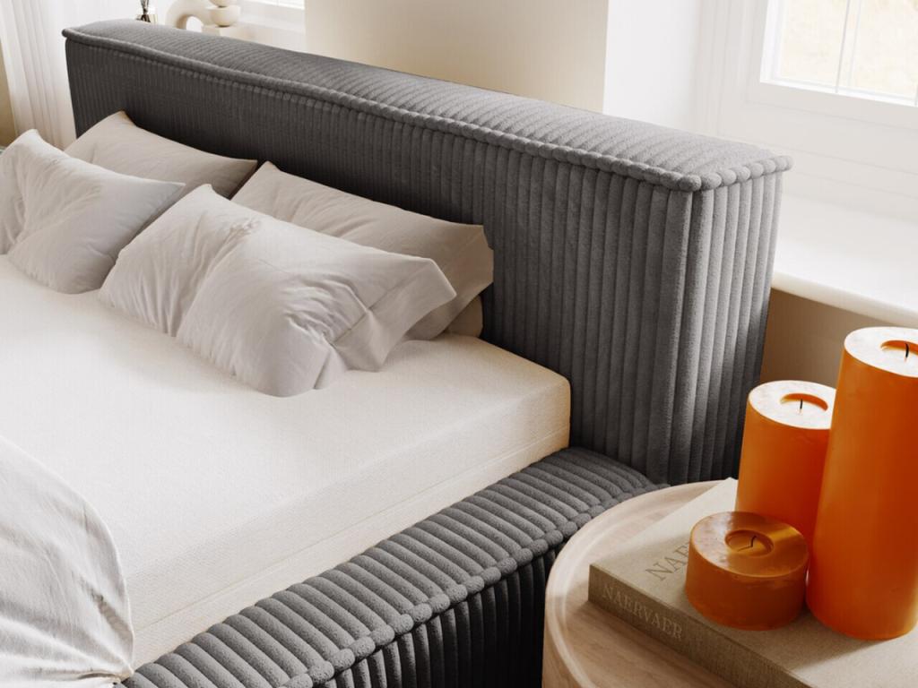 Upholstered bed with storage - 140x200 - double bed - ribbed - grey - Meubiana