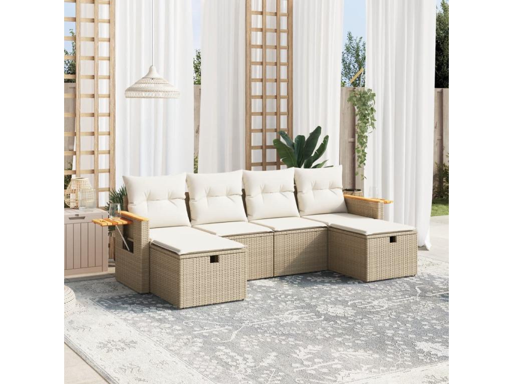 6-piece garden furniture set with cushions, beige woven resin
