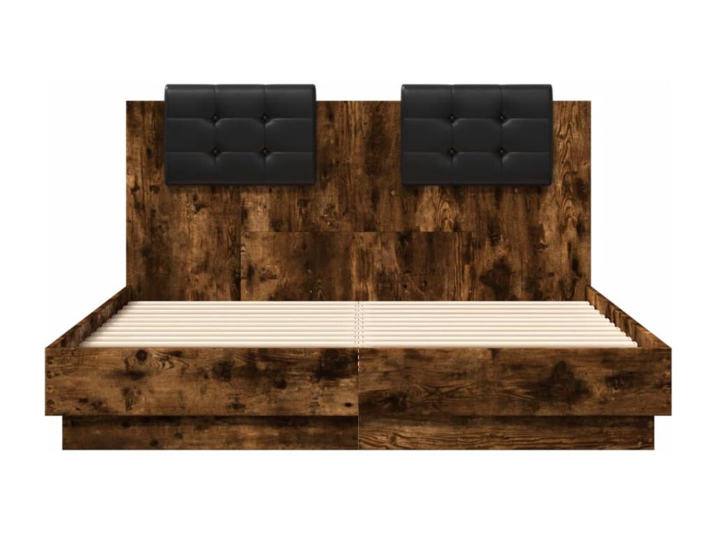 Bed frame, headboard and LED lighting, smoked oak, 135x190 cm