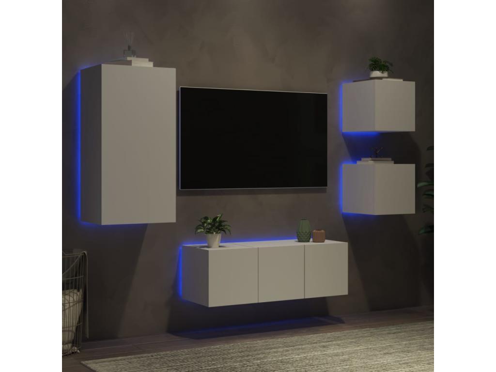5-piece wall-mounted TV units with LED lighting, white engineered wood finish