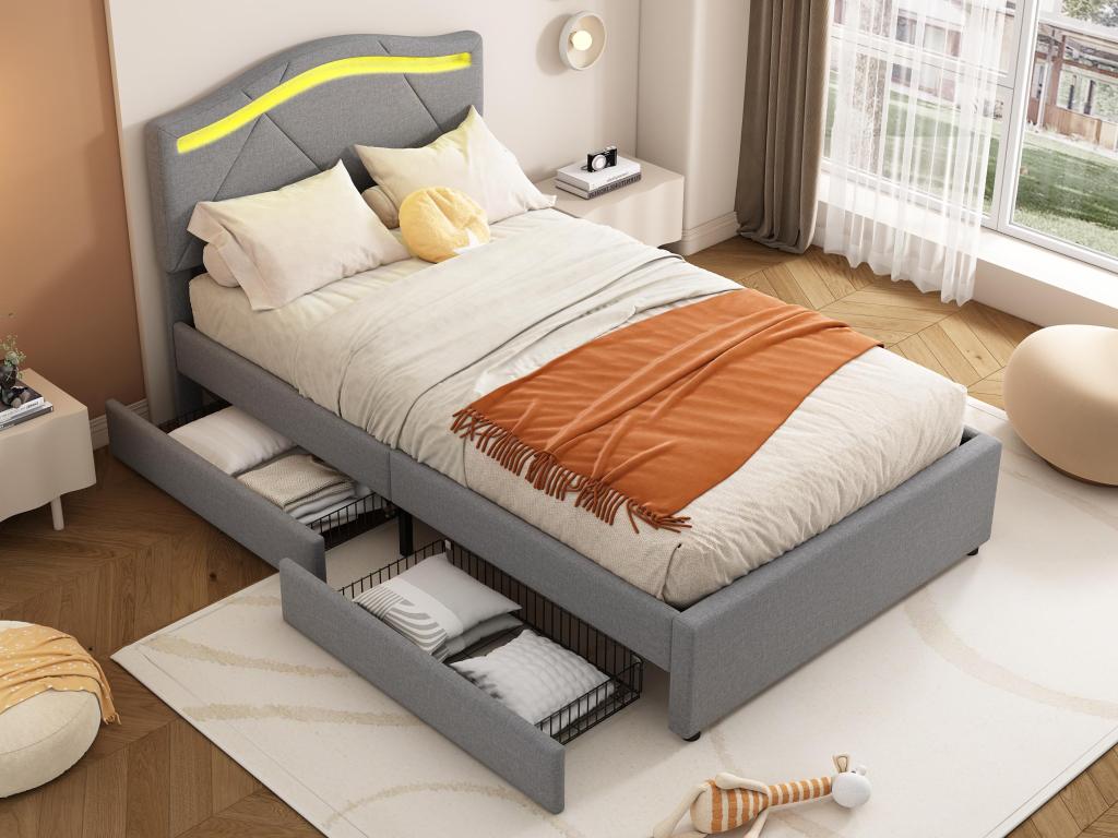 Adult bed 90x200cm in linen fabric - with LED and 2 drawers - Grey