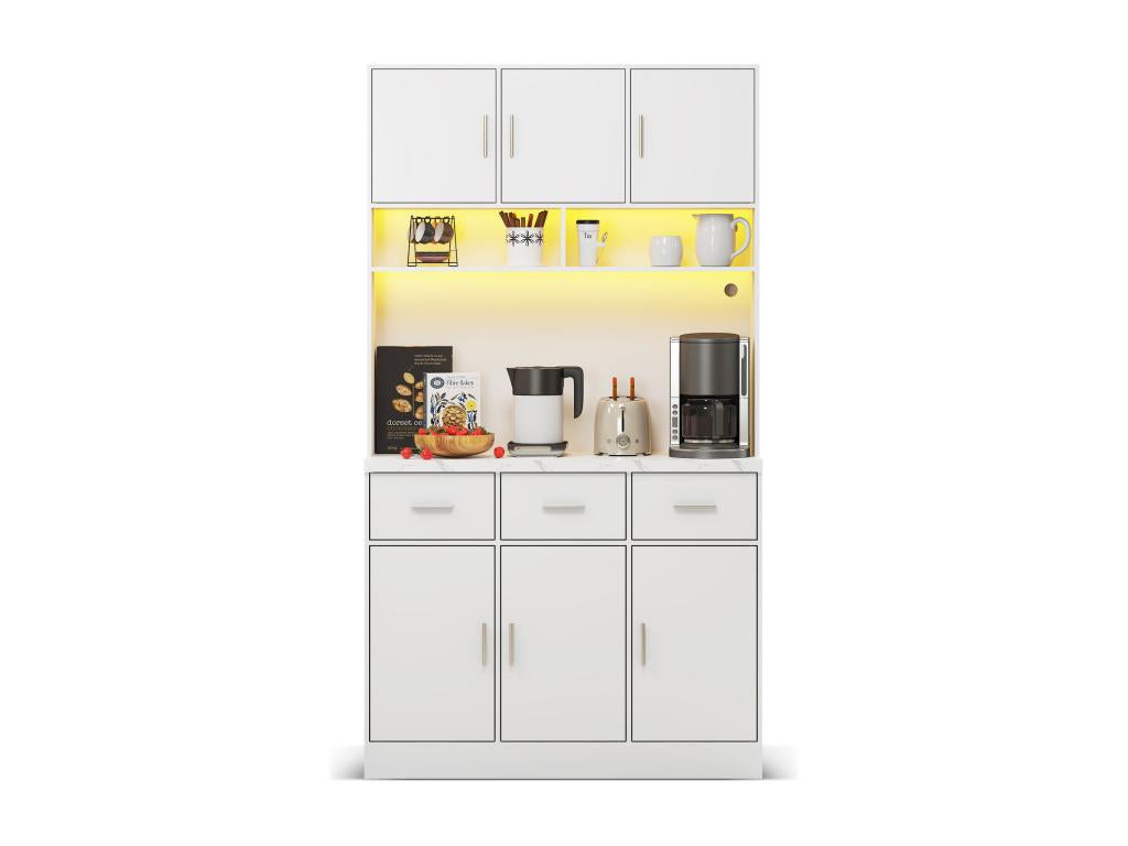 High sideboard with 6 doors and 3 drawers - 100x40x180 cm - LEDs and charging port - MDF wood - Adjustable shelves - White