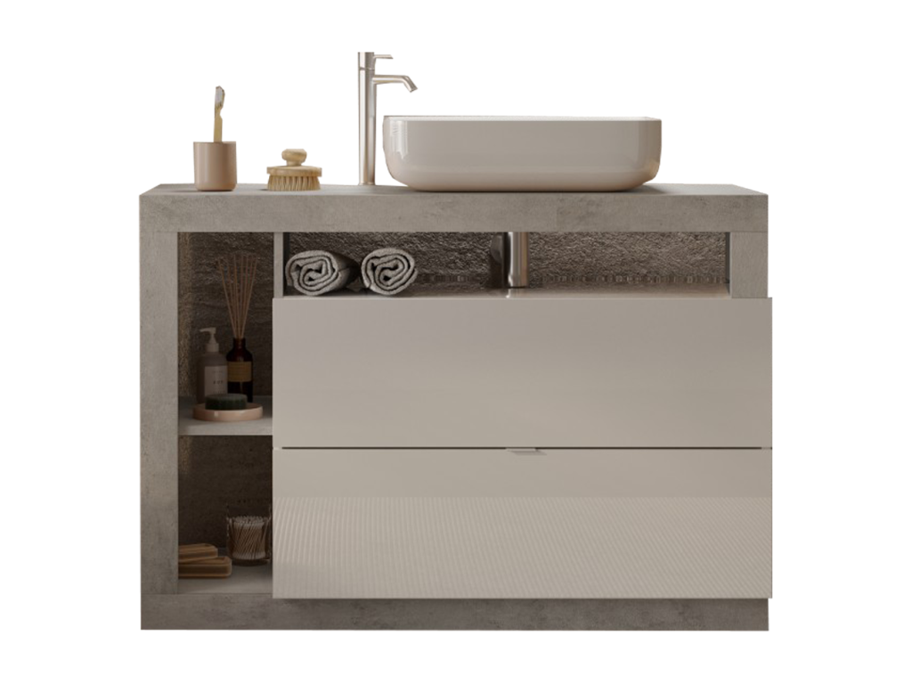 Meubiana bathroom vanity unit, glossy white concrete finish, 110x79x49 cm
