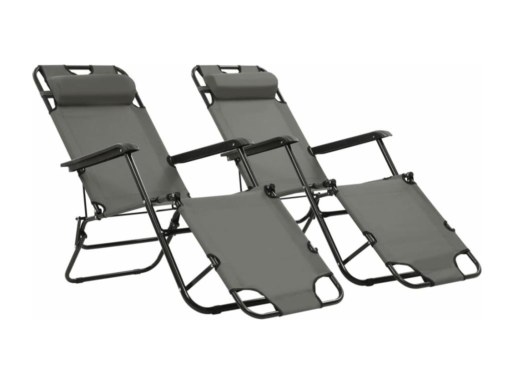 2-piece folding sun loungers with footrest, steel, grey