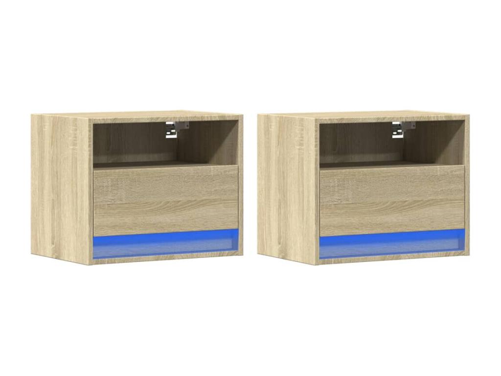 Wall-mounted bedside tables with LED lighting, 2 pieces, oak finish, Laviecasa BIDW30921