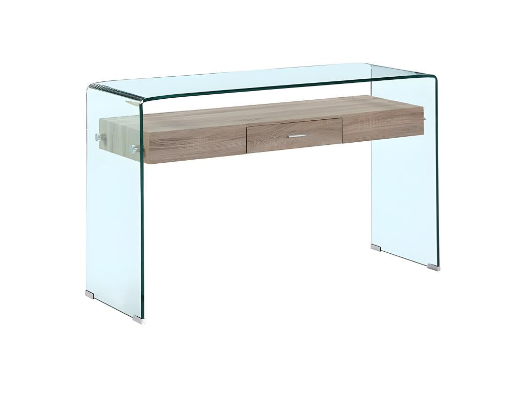 Console L- 125 cm in tempered glass with oak-effect drawer - ICE LYVK98156