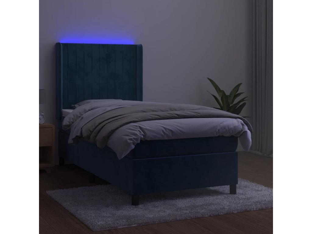 Upholstered bed base and mattress with LED lighting, dark blue, 80x200cm, velvet