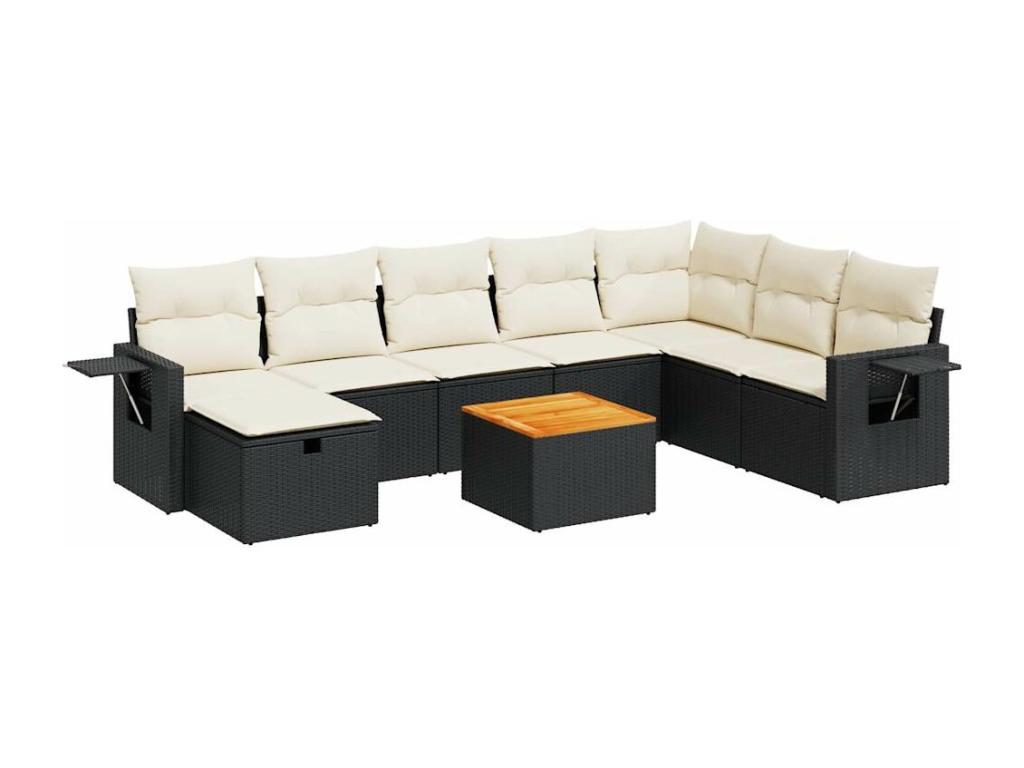 9-piece garden furniture set with cushions, black woven resin