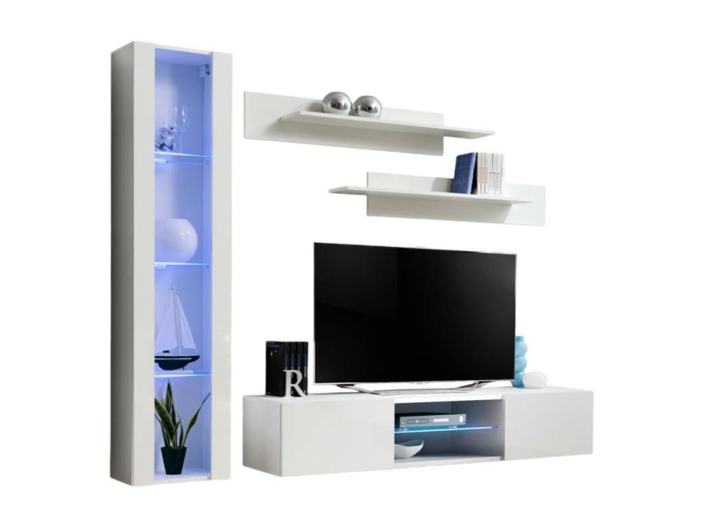 FLY R2 TV unit with LED - White color - Designer wall-mounted unit for your living room.