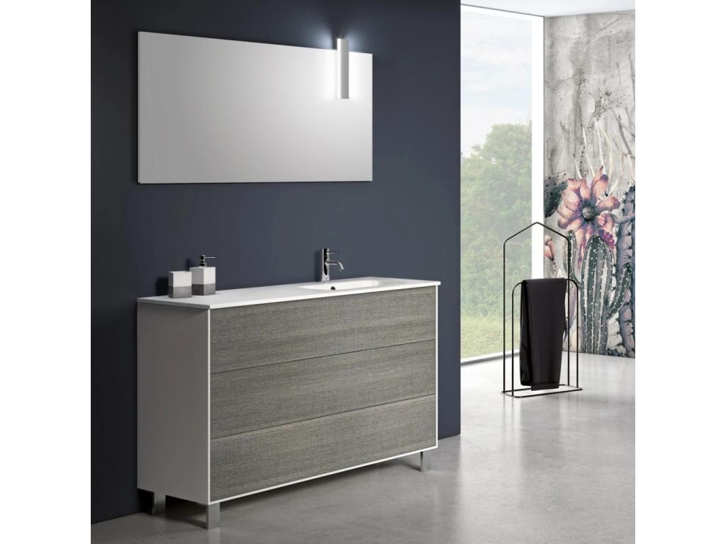 Meubiana L 120cm bathroom vanity unit with 3 drawers in white and grey and LED mirror