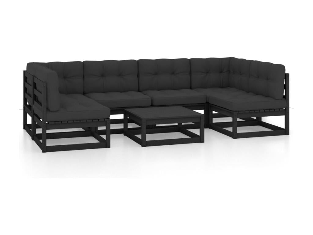 7-piece garden furniture set with cushions, black, solid pine wood, WBFC76047