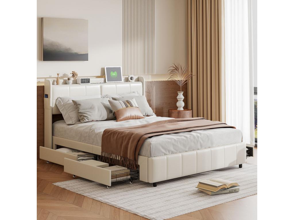Double bed 140x200 with 4 drawers with USB charging, PU Beige RHUV01248