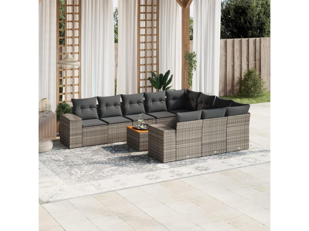 11-piece garden furniture set with grey resin wicker cushions