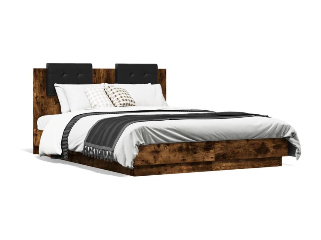 Bed frame, headboard and LED lighting, smoked oak, 135x190 cm