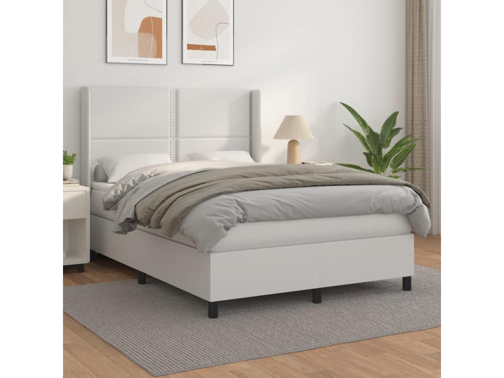 Upholstered bed base with mattress, white, 140x200cm, faux leather, TQGE58872