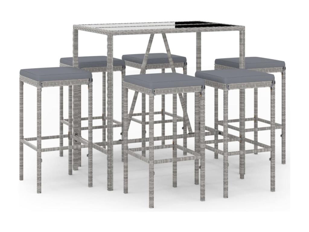 7-piece garden bar set with grey poly rattan cushions HJHE40492