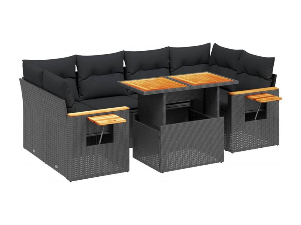 7-piece garden furniture set with cushions, black woven resin