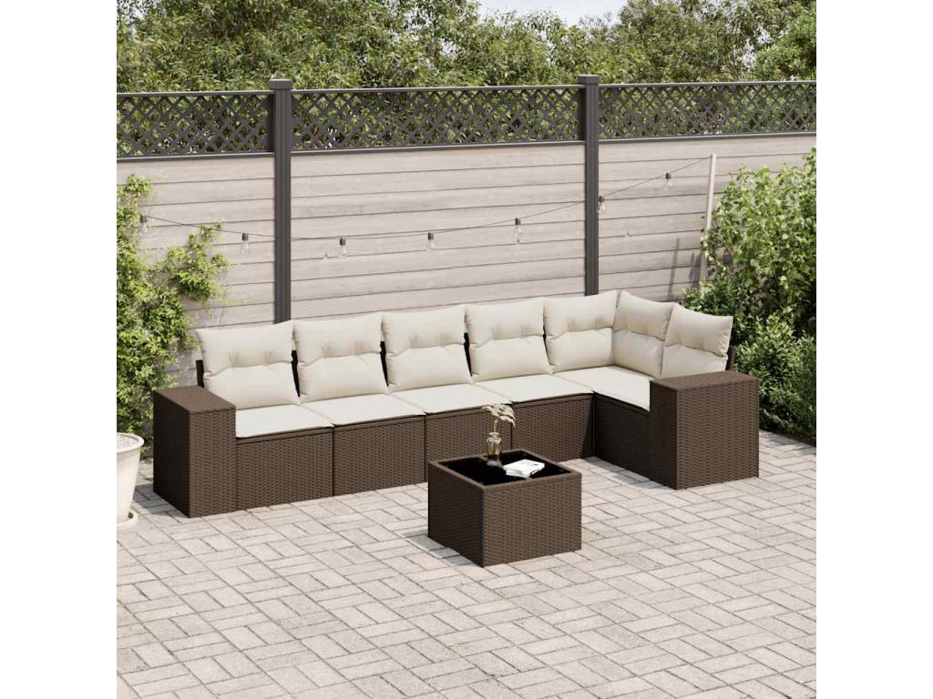 Garden furniture set with cushions, 7 pieces, brown woven resin, ARAP92134