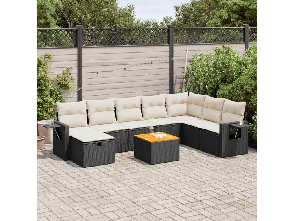 9-piece garden furniture set with cushions, black woven resin