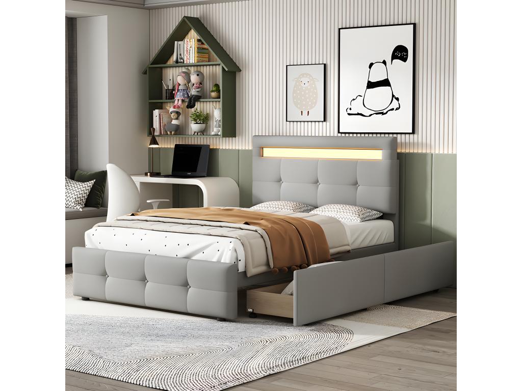 LED bed with headboard, storage and drawers - 90x200 cm - Grey - Laviecasa IQJJ11769