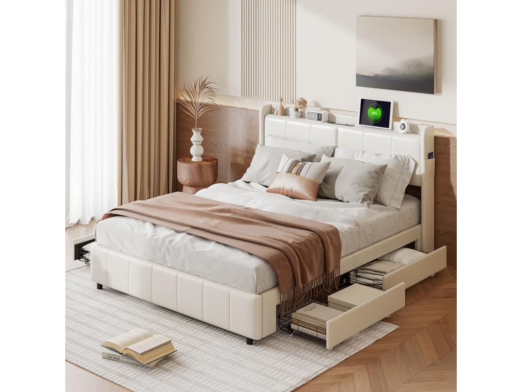 Double bed 140x200 with 4 drawers with USB charging, PU Beige RHUV01248