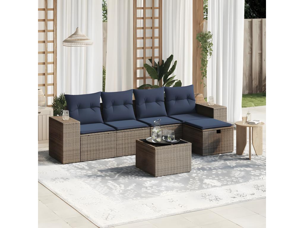 6-piece garden furniture set with grey resin wicker cushions YCFD86615