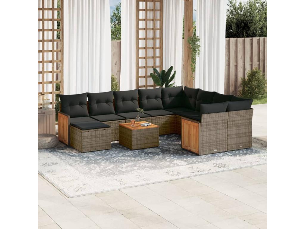11-piece garden furniture set with grey resin wicker cushions