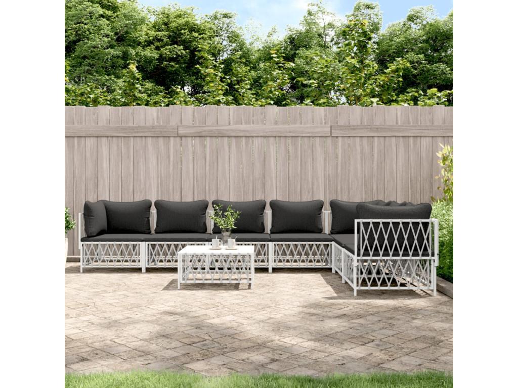 8-piece garden furniture set with cushions, white steel HVXS69662
