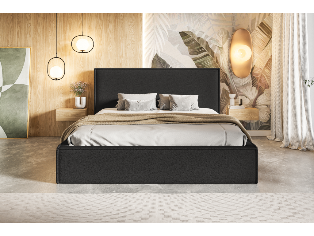 Meubiana 140x200 Storage Bed - Adult Bed with Slatted Base - Bed with Black Bouclé Fabric Anthology 19