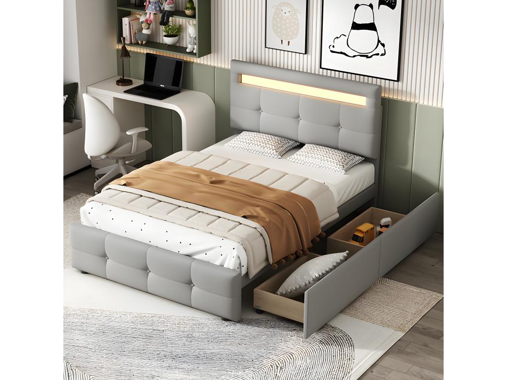 LED bed with headboard, storage and drawers - 90x200 cm - Grey - Laviecasa IQJJ11769