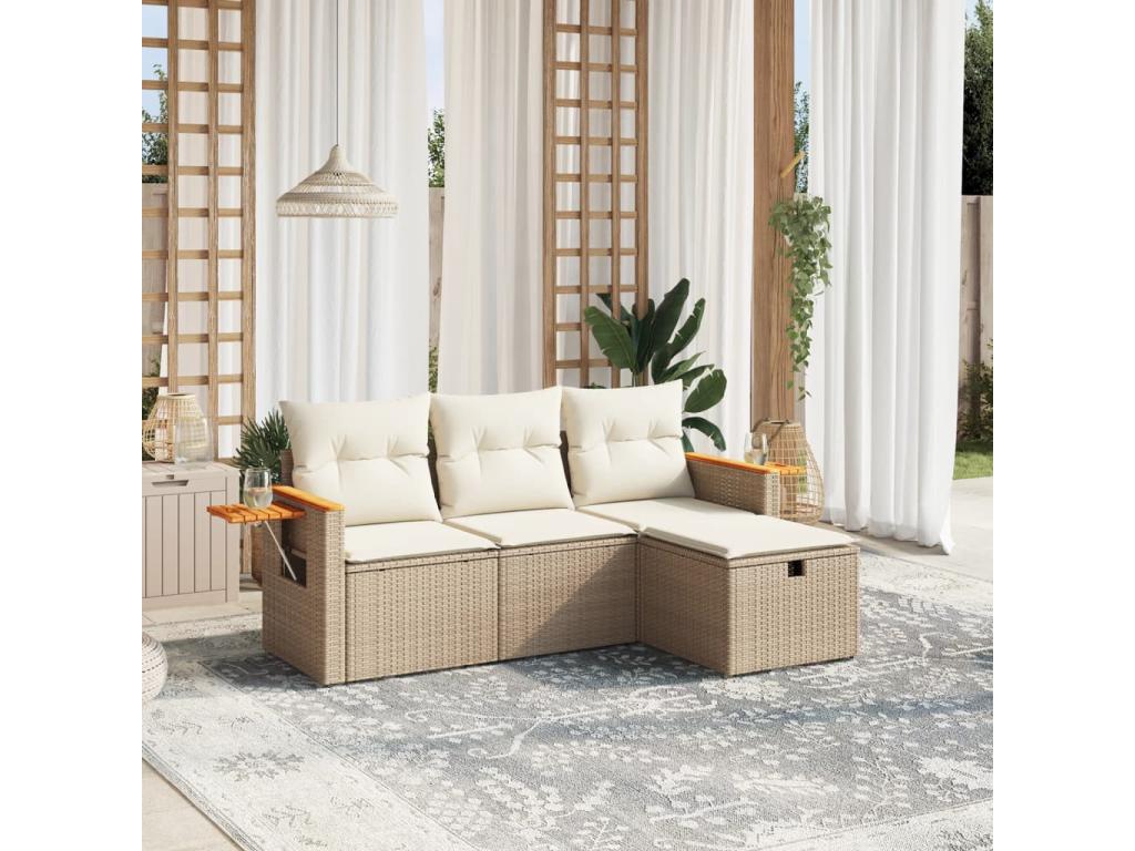 Garden furniture set with cushions, 4 pieces, beige woven resin