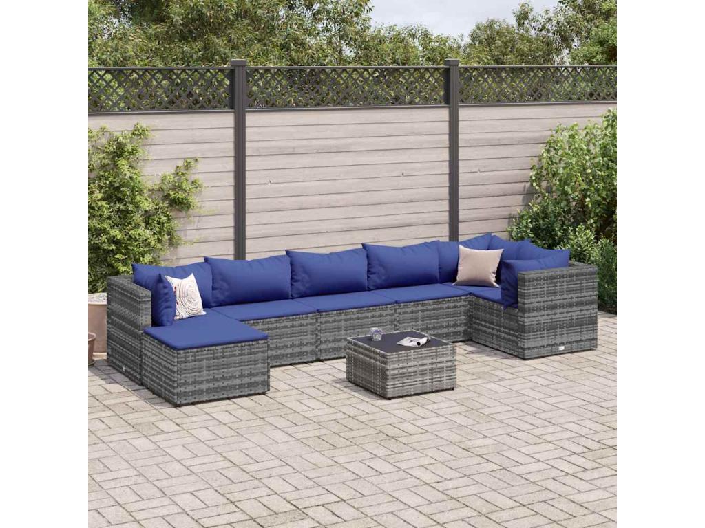 8-piece garden furniture set with cushions, Grey Wicker Resin SFMI30955