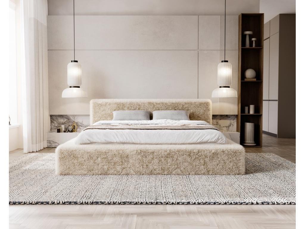 Meubiana Alros Upholstered Bed with Storage - 140x200 cm Bed, Faux Fur Fabric, Adult Bed, Beige, Lapit 29