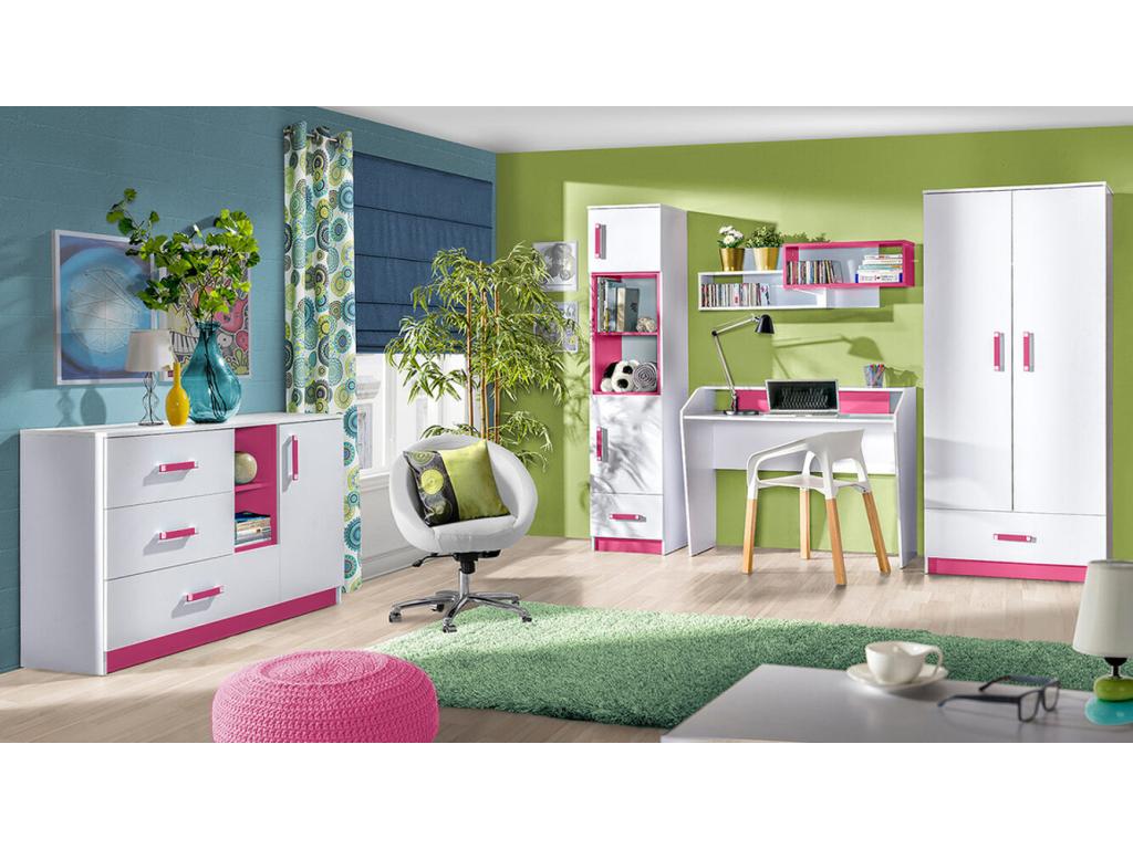 Meubiana 101 Chest of Drawers, White and Pink, with Drawers and Doors, 3 Drawers, 83x130cm