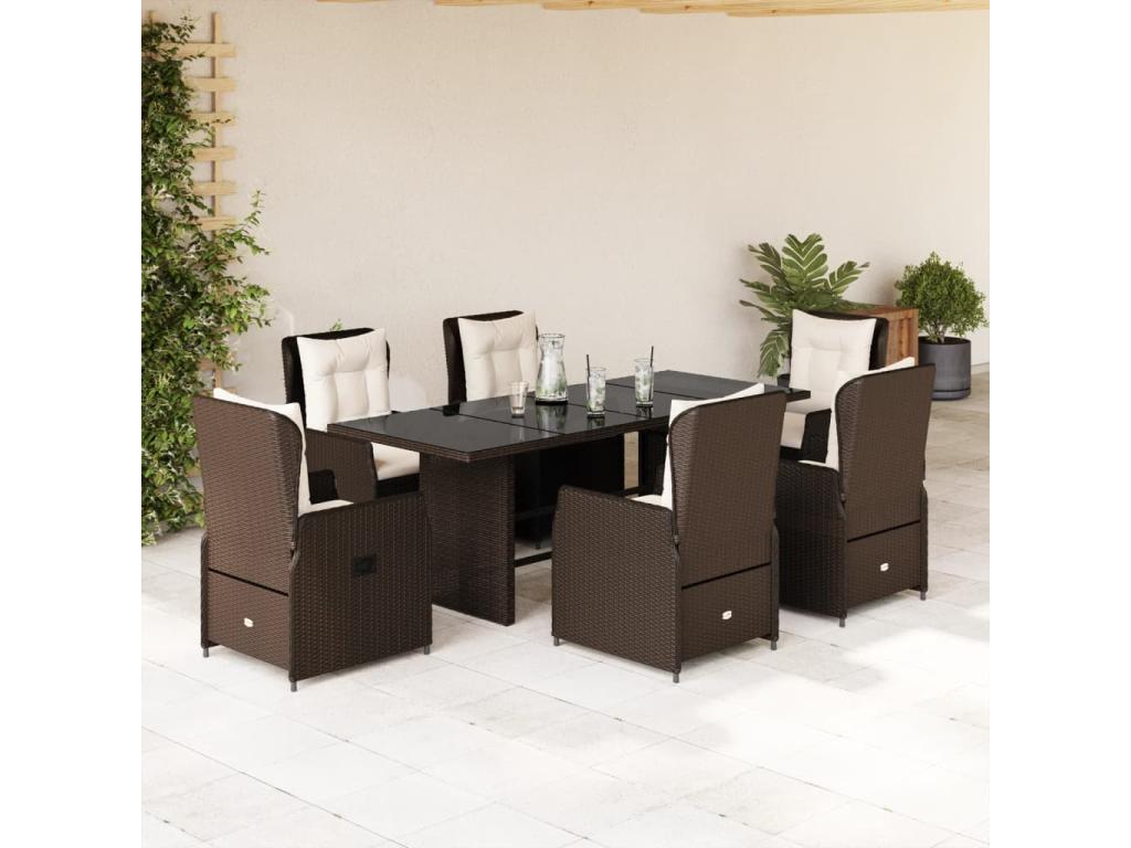 7-piece brown rattan garden dining set and cushions