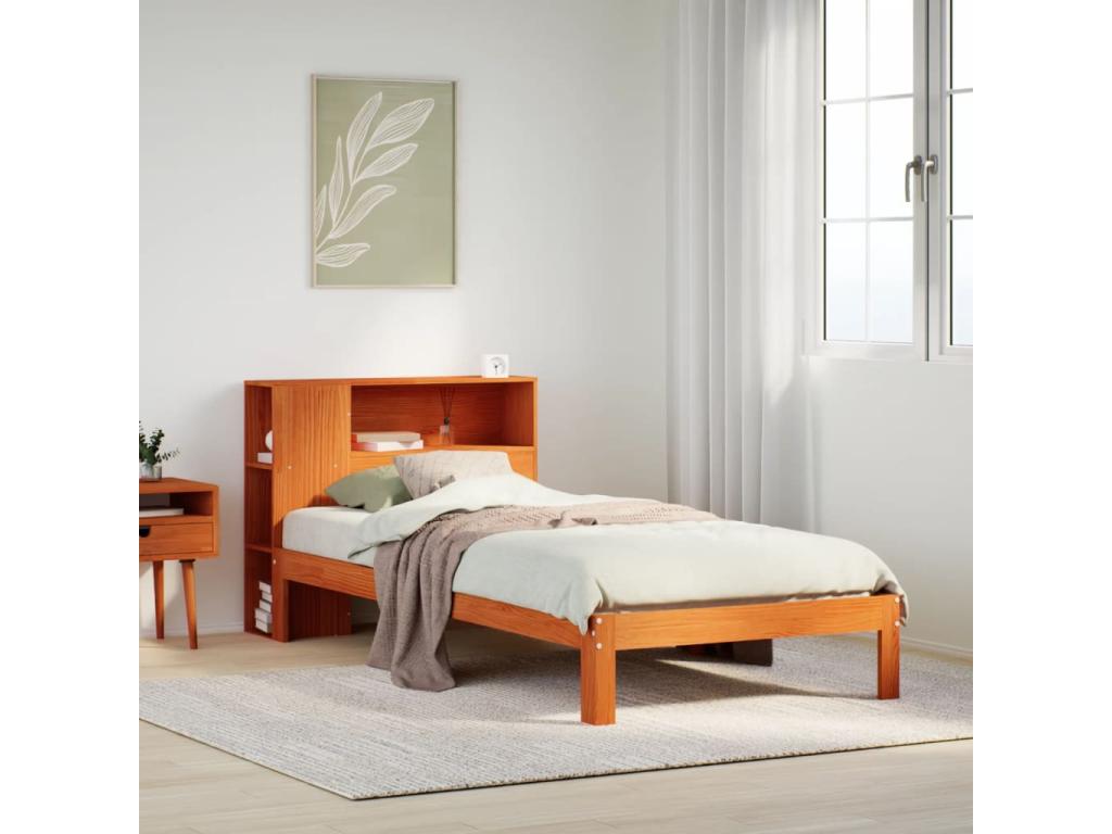 Bookshelf bed without mattress, brown wax finish, 90x190 cm, solid pine XNAM16343