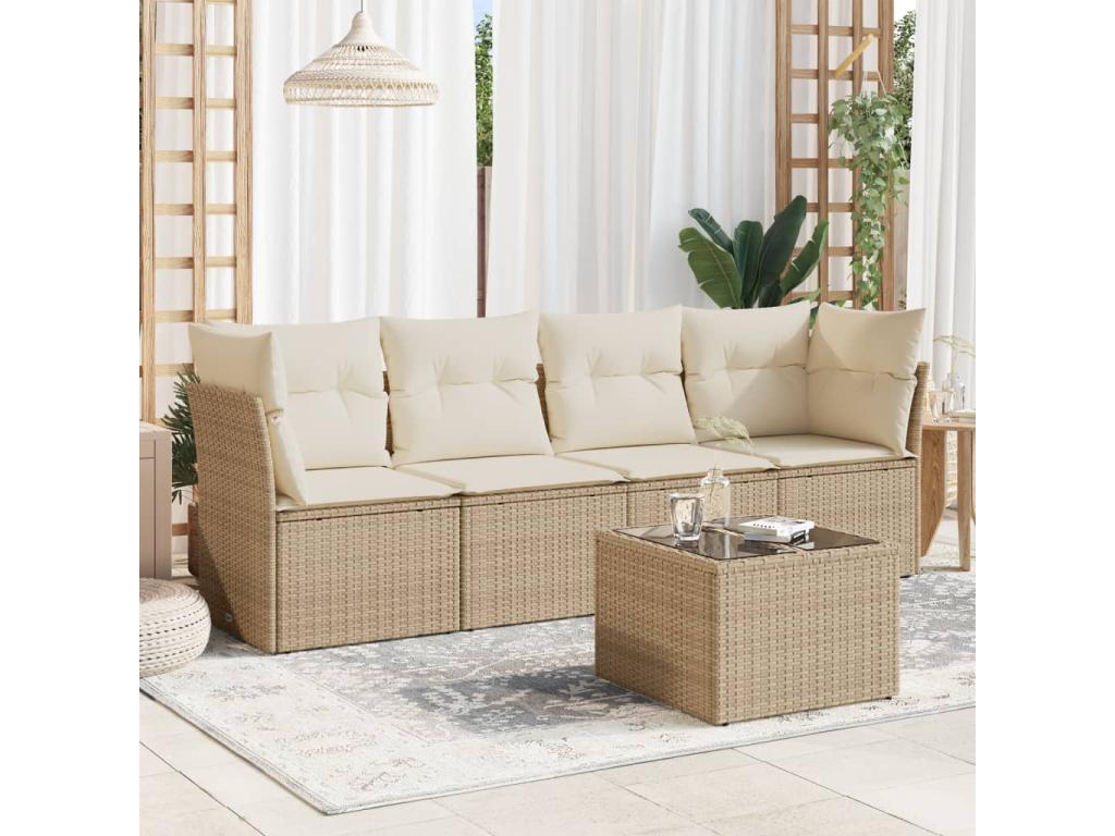 5-piece garden furniture set with cushions, beige woven resin PCQR25617