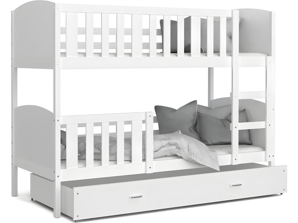 Meubiana Bunk Bed 80x160 White - white. Comes with slatted bed bases, drawers, and 7cm foam mattresses.