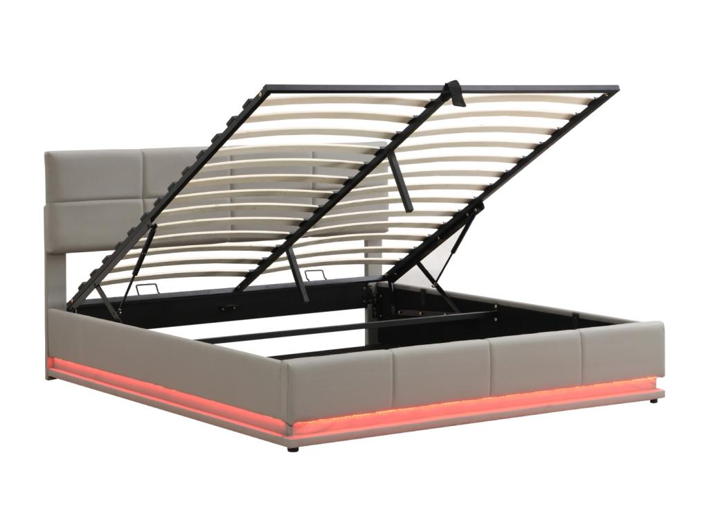 180x200 cm Storage Bed - Double Bed with LED Lighting, Upholstered, Hydraulic Lift-Up Bed with Slatted Base and PU Leather Headboard - Light Grey