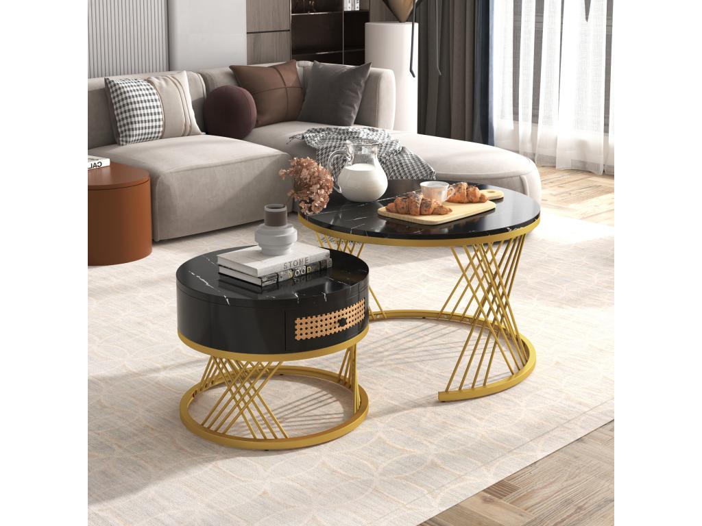 Set of 2 nesting coffee tables with drawer - MDF wood and metal - marble pattern top - black OEPR62730