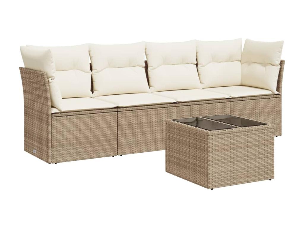 5-piece garden furniture set with cushions, beige woven resin PCQR25617