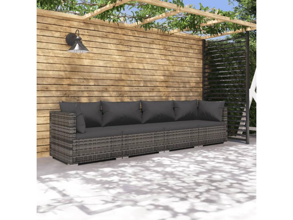 4-piece garden furniture set with cushions, grey woven resin