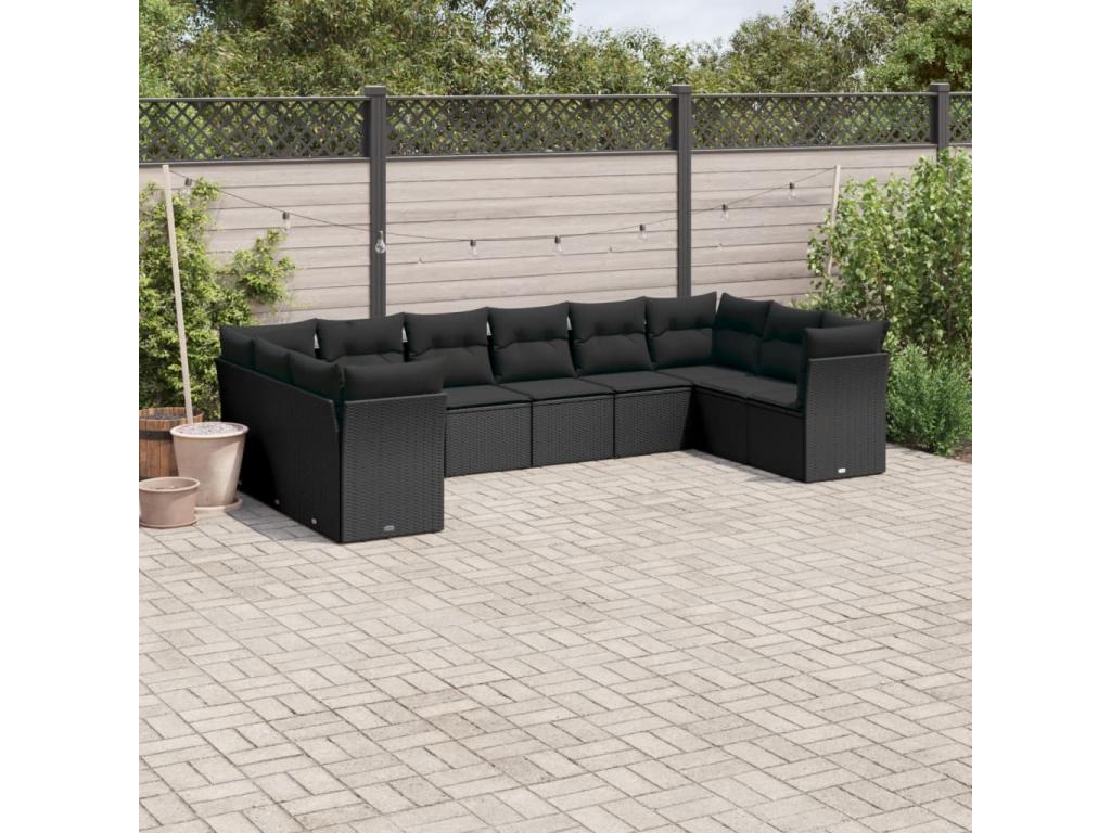 10-piece garden furniture set with cushions, black woven resin